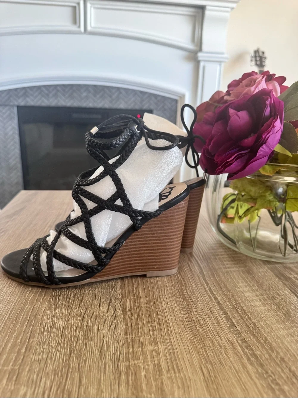 Black Braided Lace-Up Wedge Sandals 7.5